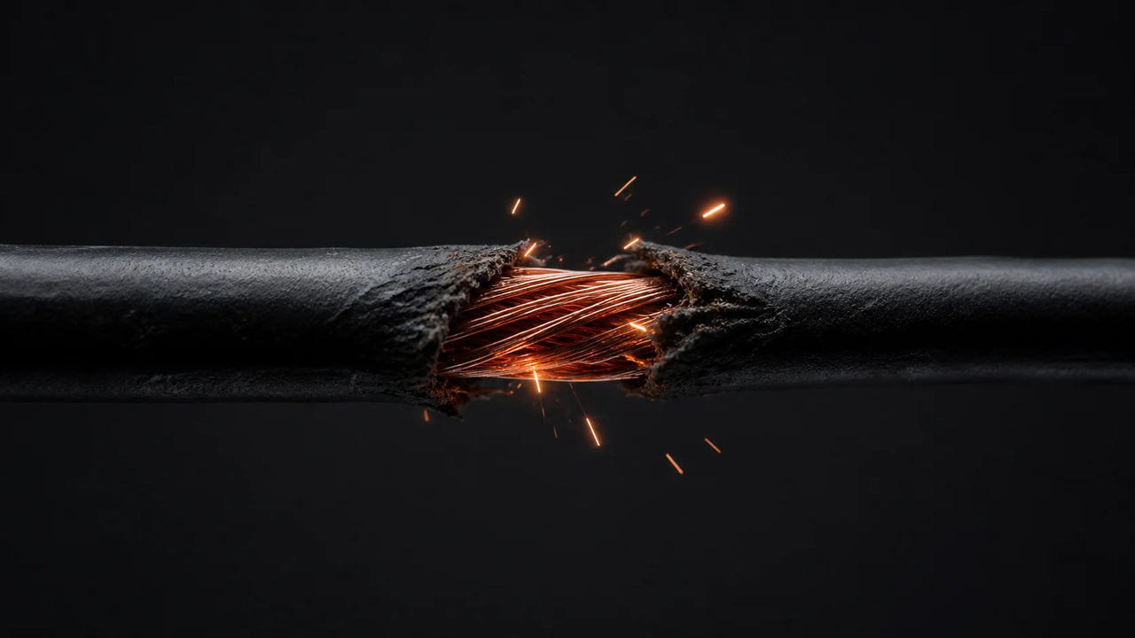 Cable eléctrico con la cubierta desgastada y chispas saltando del punto expuesto