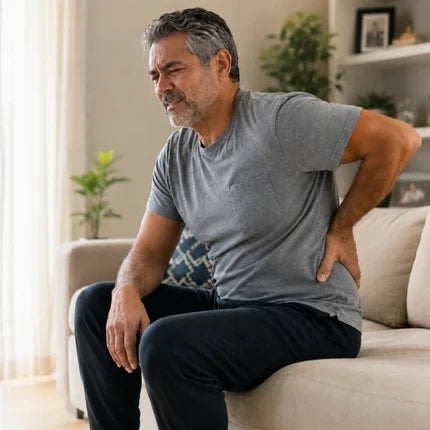 Hombre con dolor en la zona lumbar al levantarse del sillón